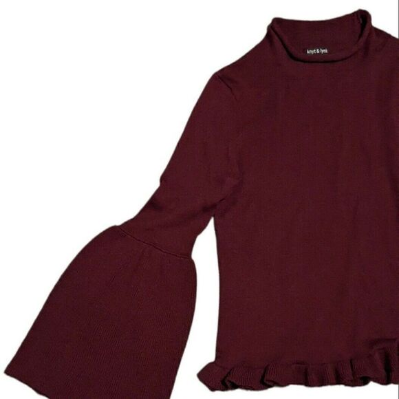 Knit & Lynk Bell Sleeve Sweater Maroon Red Wool Blend Ruffle Hem High Neck M - Picture 3 of 6